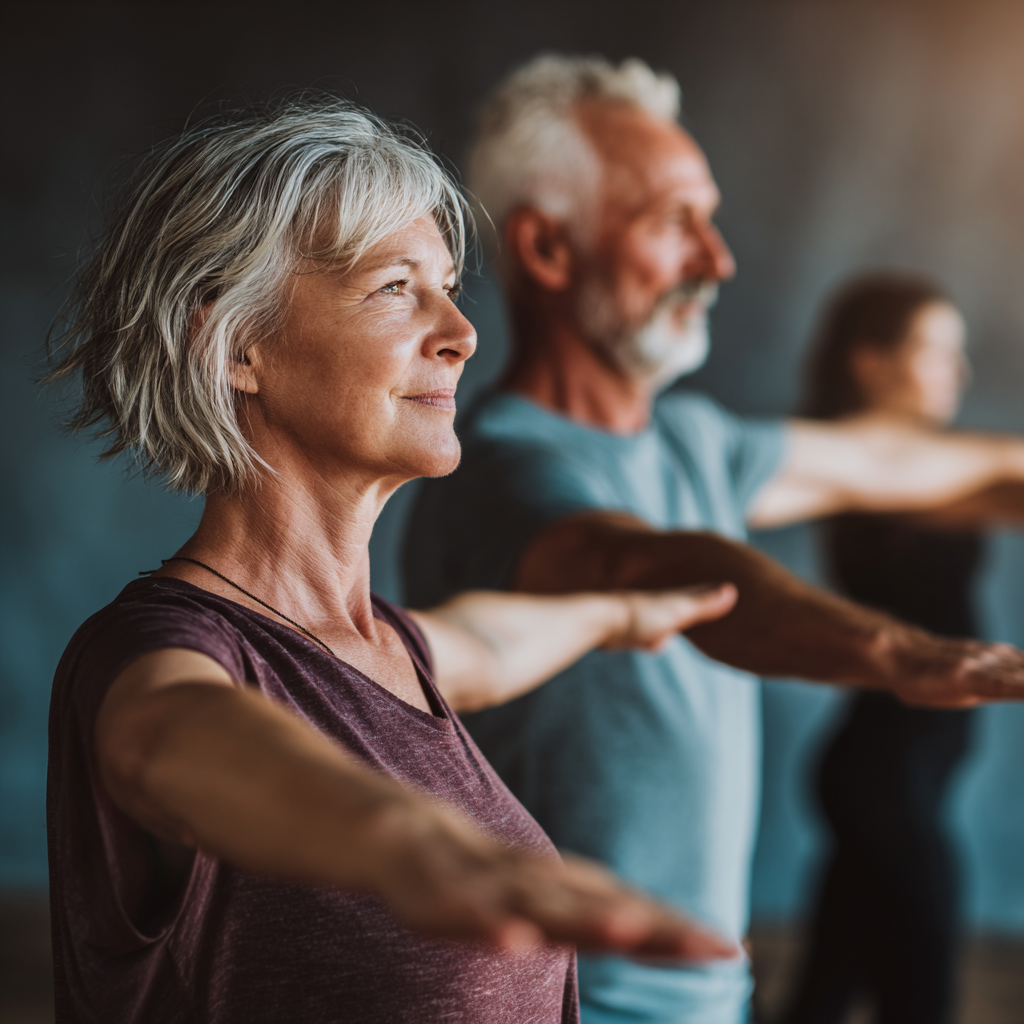 Middle-aged adults practicing functional movement exercises in a calm studio setting