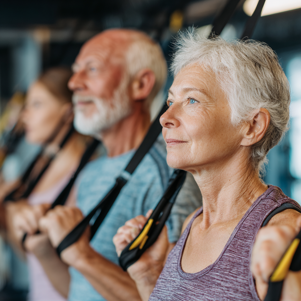 Older adults engaged in low-impact functional training with proper form and support